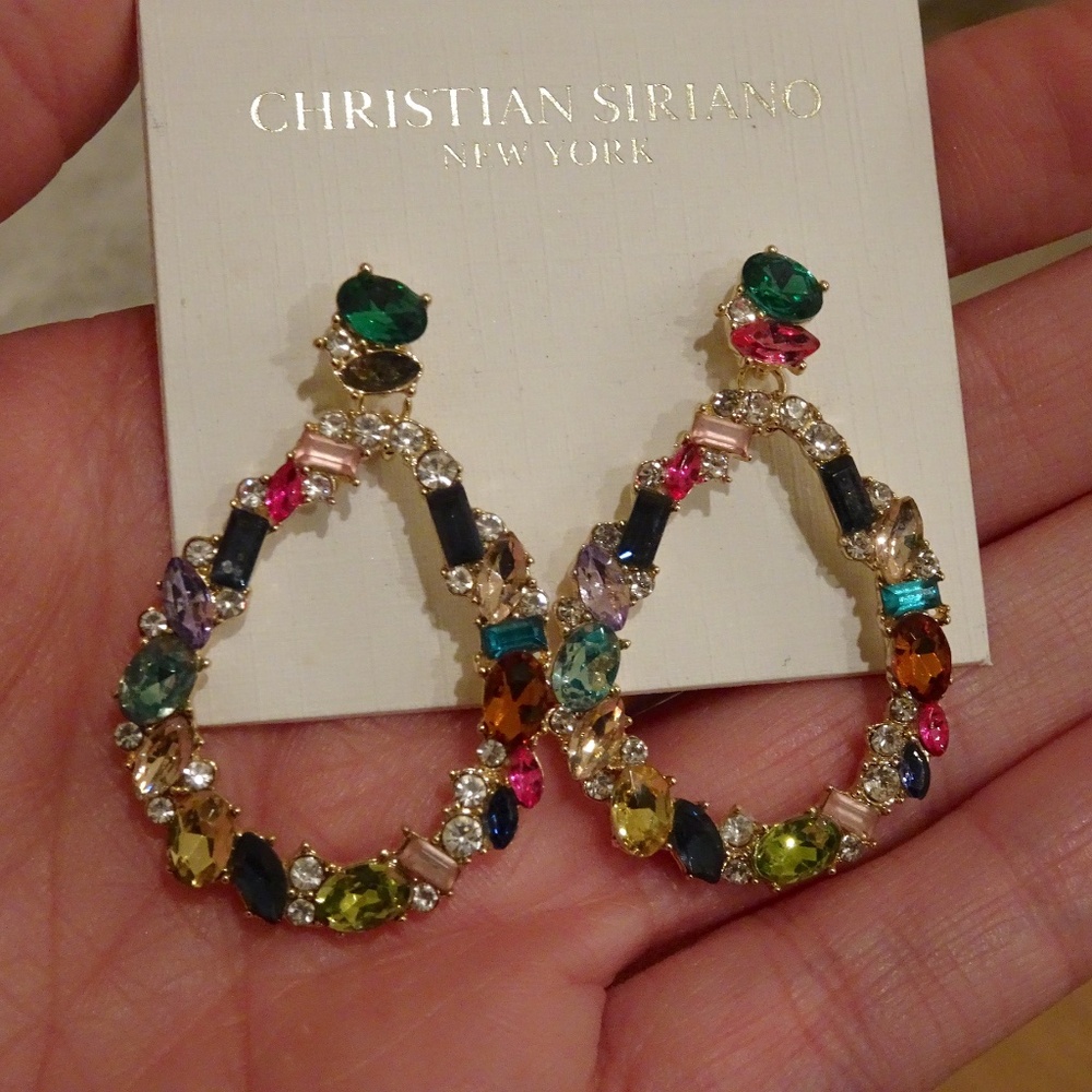 Christian Siriano New York Multi-Colored Crystal Drop Earrings - Missing 1 Jewel - Picture 5 of 6